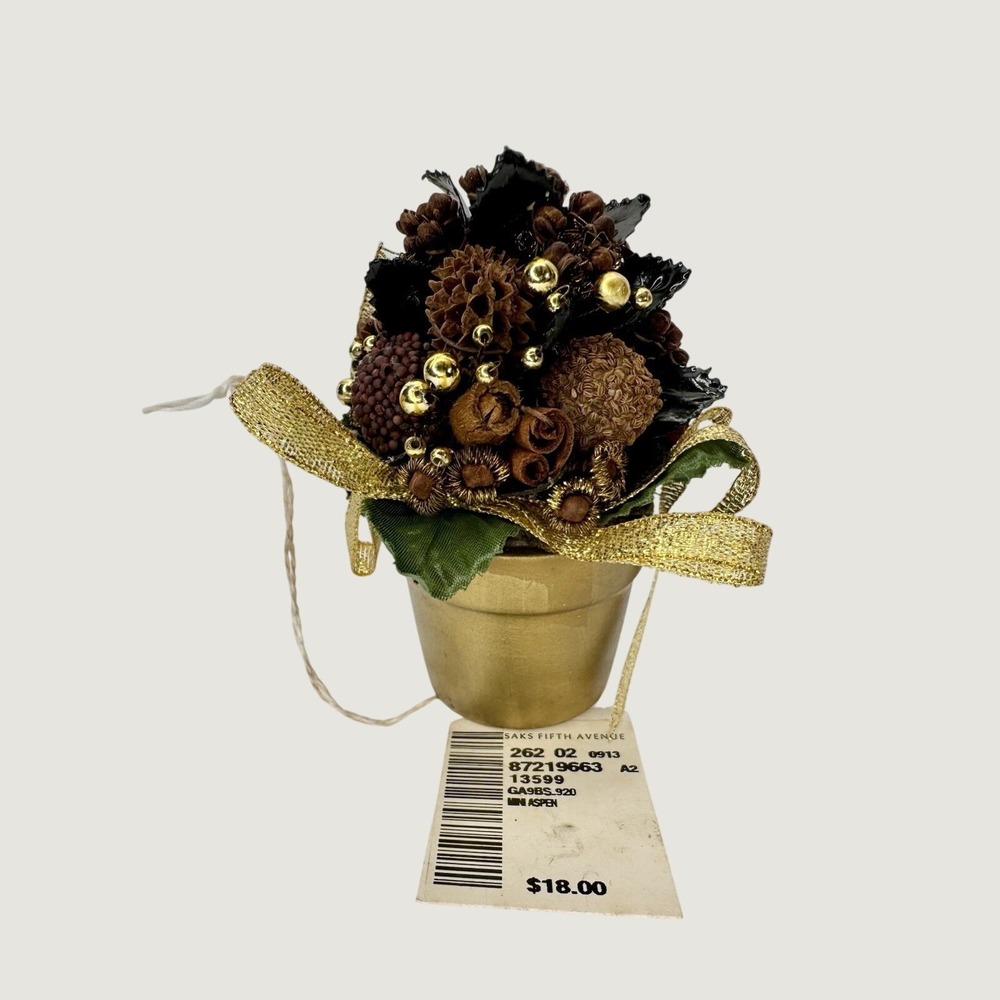 Saks Fifth Avenue Mini Aspen Pinecone Floral Arrangement Gold Holiday Decor NEW